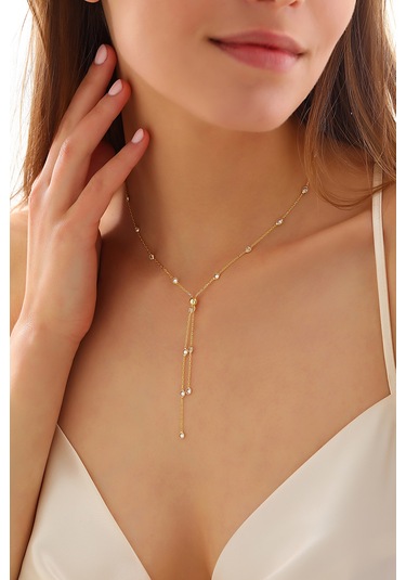 925 Ayar Gümüş Dorika Toplu Y Kolye Altın