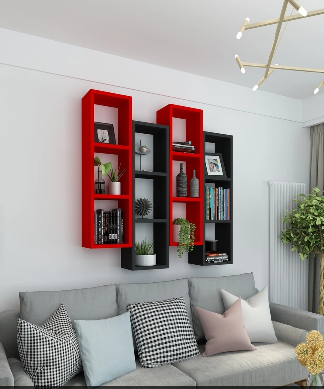 Kitaplık Modern Ev Duvar Rafı Kırmızı Siyah 4 Lü Takım Kırmızı-siyah