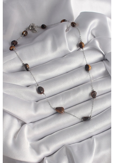 Gümüş Renk Zincir Kahverengi Doğaltaş Model Kadın Kolye - Ebj250113w30605 Bakır