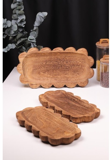 Bambum 3 Parça Pavlonya Noir Dalgalı Kenar Ahşap Sunum Seti Yuvarlak Ve Dikdörtgen Ayaklı Servis Tabaklar Ahşap