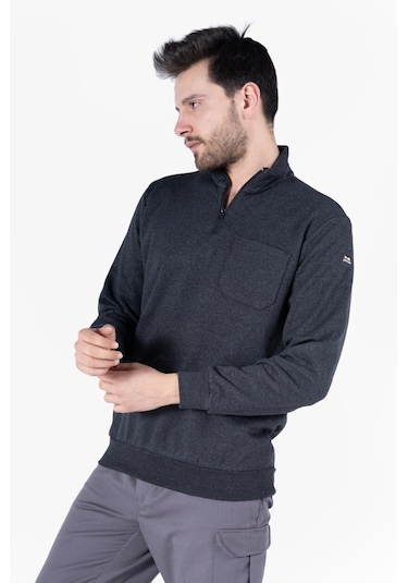 2 İplik Dik Yakalı Fermuarlı Sweatshirt Antrasit Melanj