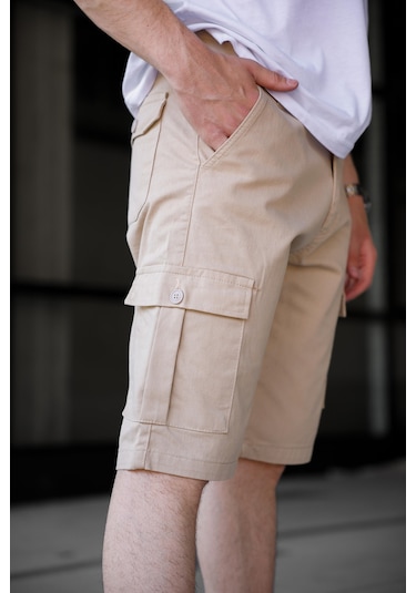 Bej Renk Kargo Cepli Gabardin Erkek Şort-1802 Bej
