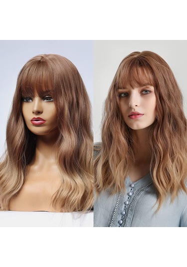 Sarı Kahverengi Degrade Uzun Saç Kıvırcık Doğal Sentetik Peruk