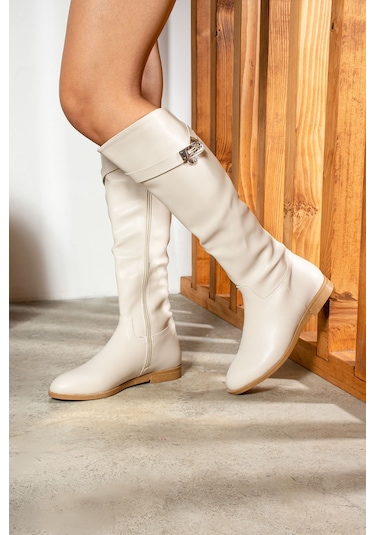 Günlük Kadın Diz Altı Çizme Alçak Topuklu Fermuarlı Tay Tüylü Astar Desenli Kaymaz Taban 2434 Bej