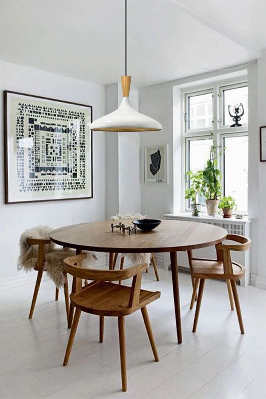 Champion Beyaz Ahşap Huni Tekli Avize Sarkıt Salon Mutfak Cafe Butik Lamba Aydınlatma Avizeler Beyaz