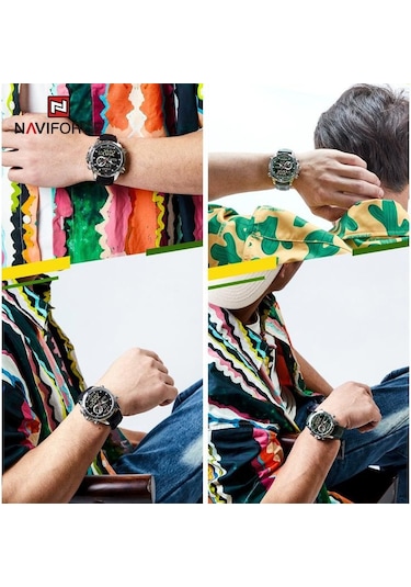 Naviforce Nf9208 Çift Ekran Kuvars Analog Lcd Dijital Erkek Saat Deri Kayış Gümüş - Yeşil