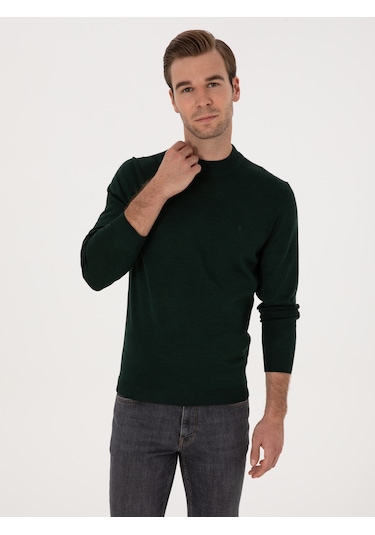 Cacharel Zümrüt Slim Fit Yün Karışımlı Çeyrek Balıkçı Yaka Basic Triko Kazak Yesıl