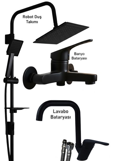 469845 Lavabo Banyo Bataryası Robot Duş Takımı Musluk Armatür Siyah Beyaz Krom Renk Siyah