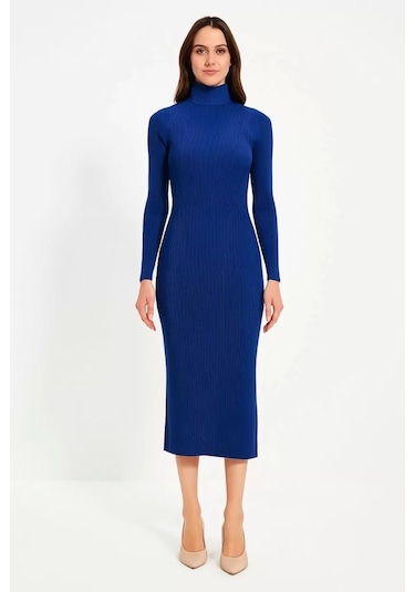 Kadın Boğazlı Uzun Fitilli Triko Dokuma Elbise - Saks Mavisi Saks Mavisi