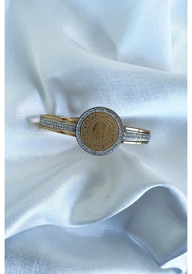 Allmisse Altın Kaplama 316l Kalite Zirkon Taş Detaylı Ata Çelik Kelepçe Bileklik - Altın