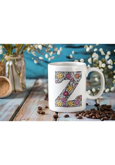Z Baş Harf Çiçek Desenleri İle Natural Tarz Kupa Bardak - Kişiye Özel Çiçekli Kahve Çay Bardak - Beyaz