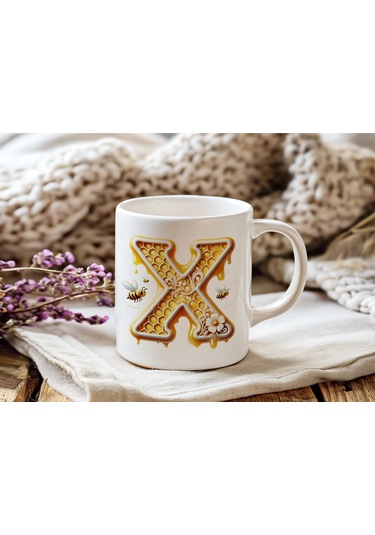 X Harfi Bal Arısı Tasarım Kupa Bardak - Bal Ve Petek Desenli Kişiye Özel Kahve Kupası - Hediyelik Beyaz