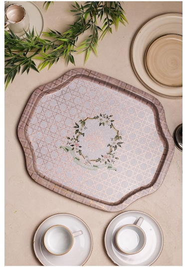 Lilya Desenli Sekizgen Metal Tepsi, 27,8 X 33,2 Cm