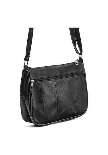 Hakiki Deri Fermuarlı Kapaksız Kadın Omuz Çantası Siyah