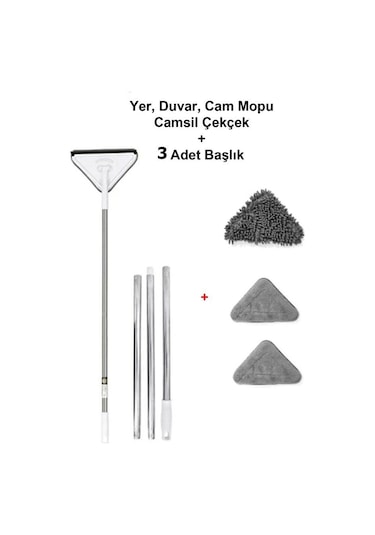 Teleskopik 3 Sopalı Üçgen Camsil Duvar Yüzey Cam Bezi 3'lü