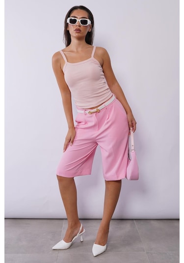 Madmext Pembe Pileli Kadın Bermuda Şort Mg2483 Pembe