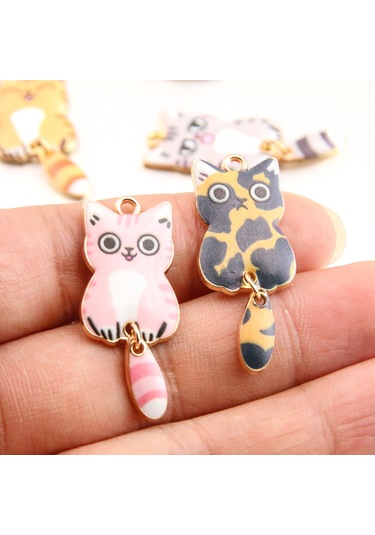 Lemestar Kedi Şekilli Diy Aksesuar Bağlayıcı, Yağ Damlatma Teknolojisi, 7 Renkli Elektroplaj, 16x38mm Pembe Kedi Pendi Pembe