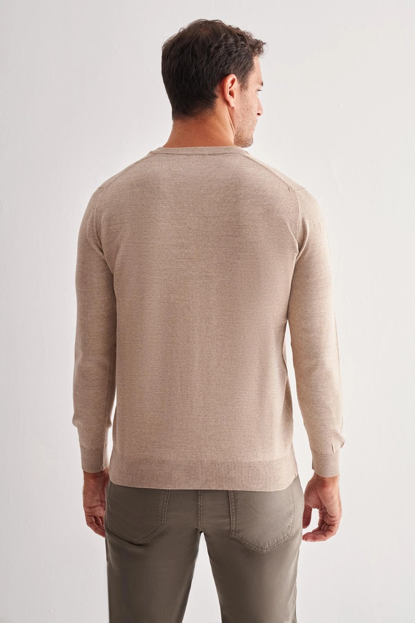İmza Bej V Yaka Uzun Kol Cepsiz Comfort Fit Classic Yünlü Triko Kazak 1012255002 Bej
