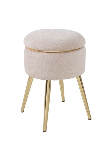 Bella Metal Ayaklı Puflu Teddy Kumaş Sehpa&puf Altın Beyaz Gold White