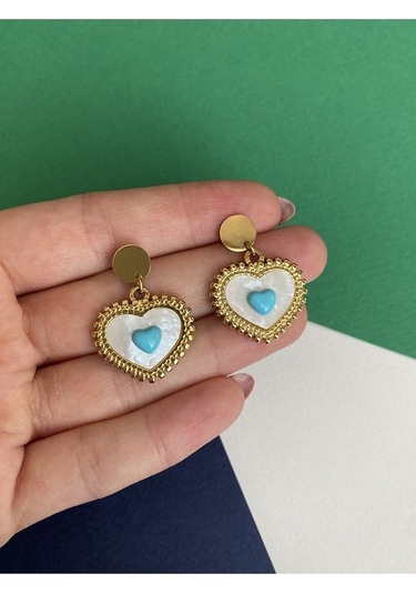 Firuze Taşlı Mineli Kalp Çelik Kararmaz Küpe Çifti Altın