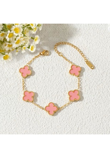 Çelik Bileklik Dört Yapraklı Küçük Yonca Pembe Sedef Taşlı Uzunluk 18 Cm Gold Altın - Gold