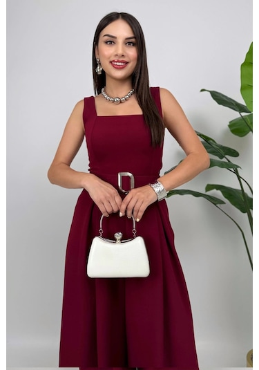 Noir Flow Kadın Bordo Kemerli Askılı Bol Paça Tulum Zarif Şıklık Bordo