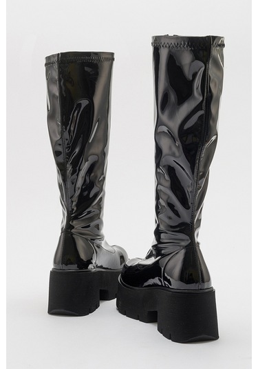 Luvishoes Amaronte Siyah Rugan Kalın Taban Kadın Çizme Siyah