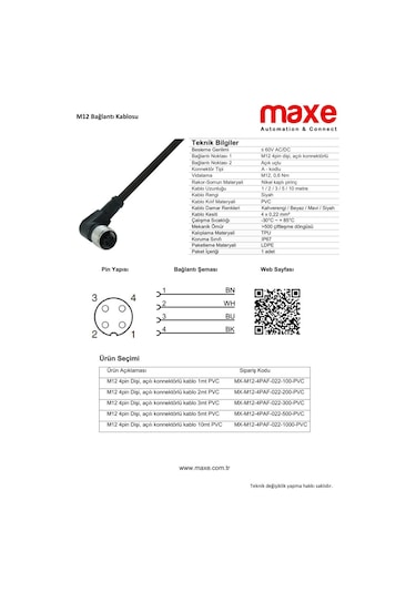 M12 4pin Dişi Açılı Konnektörlü PVC 20mt