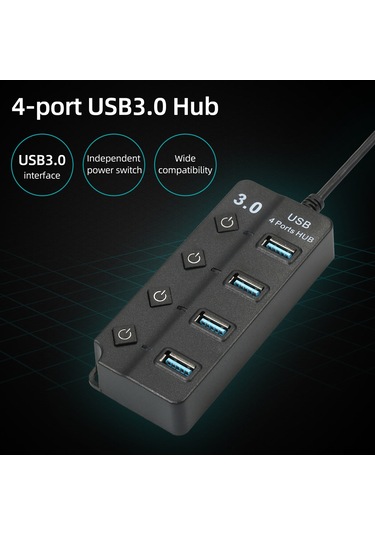 Xindoker Usb3.0 4 Portlu Hub, 5gbps Hızlı Veri Transferi, Bağımsız Güç Anahtarı, Dizüstü/masaüstü Bilgisayar İçin Klavye Fare Usb Çevirici