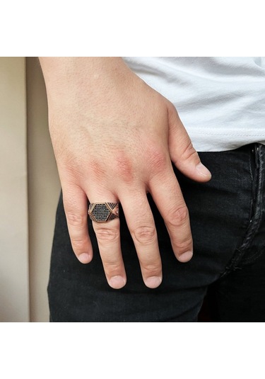 925 Ayar Gümüş Altıgen Tasarım Siyah Zirkon Taşlı Erkek Yüzük - 556385324