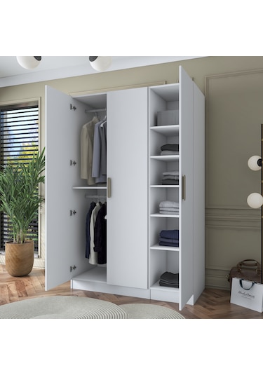 Rani Ba164 Gardırop Elbise Dolabı 3 Kapaklı 6 Raflı 2 Askılı Modüler Dolap Beyaz