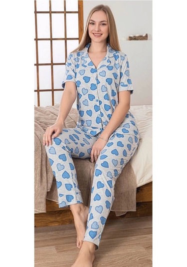 Alissa 6275 Kadın Mavi Kalp Desenli Patlı Pijama Takımı Gri