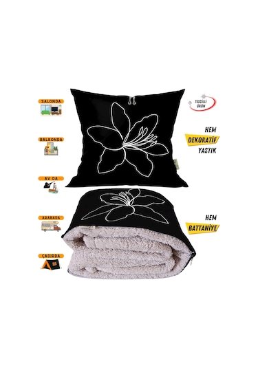 Çizgi Çiçek Desenli Tv Battaniyeli Opsiyonel Dekoratif Yastık Kırlent 2 İn 1 Battaniye Çok Renkli