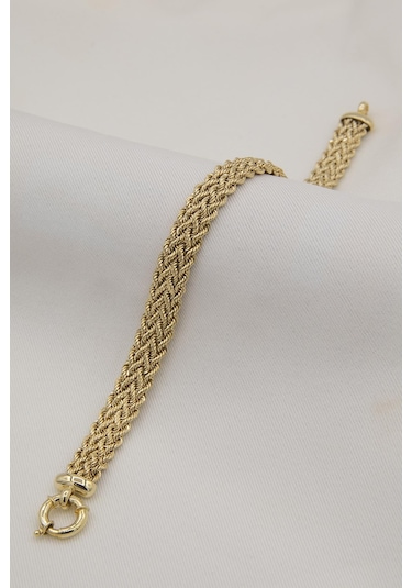 14 Ayar Altın Kalın Örgü Bileklik Sarı Sarı Altın