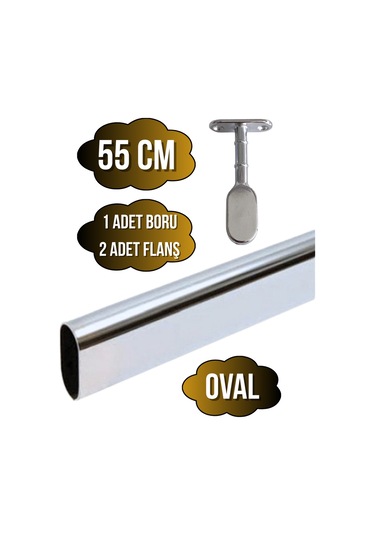 Metal Oval Krom Mobilya Dolap Askı Borusu Krom 55cm Oval 2 Adet Ayaklı Kapalı Flanş-1 Adet Boru Gri