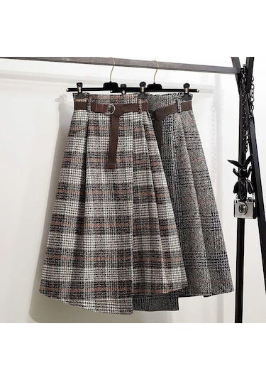 Sonbahar Ve Kış Kadın Etek Yüksek Bel A-line Etek Vintage Ekose Elastik Bel Yün Ekose Etek Haki