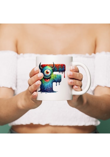 F Harfi Bardak, Sevimli Canavarlar Harflı Bardak Hediyesi Porselen Beyaz