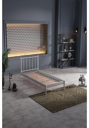 Falez-st Tek Kişilik Metal Karyola-beyaz Yüksek Başlıklı Ahşap Latalı