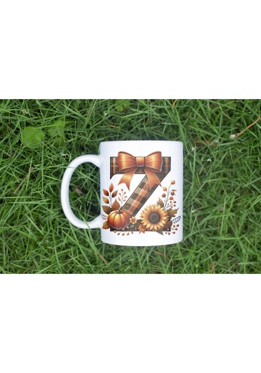 Z Harfi Ekose Ve Sonbahar Temalı Kupa Bardak - Kişiye Özel Sıcak Tonlar Alfabe Kupa - Hediye Beyaz