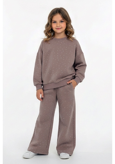 Kız Çocuk Taş Süslemeli-2 İplik-şardonsuz Alt-üst Takım-5 -12 Yaş 12424 Kahverengi
