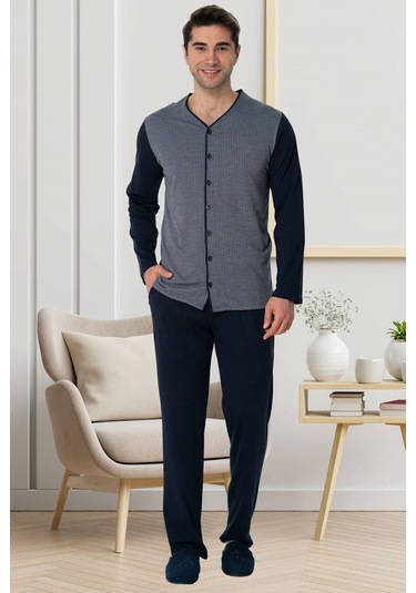 By Mecit 2774 Lacivert Önden Düğmeli Büyük Beden Erkek Pijama Takımı Lacivert