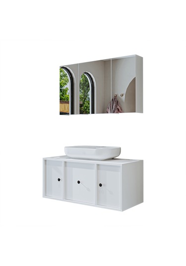 Lavabolu Mat Mdf 105 Cm Çekmeceli Banyo Dolabı + Aynalı Dolap Mat Beyaz