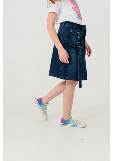 Kız Çocuk Sol Pileli Kot Etek 2955 Koyu Mavi