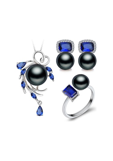 Siyah Lsooyh Doğal Tatlı Su Inci Kolye Kübik Zirkonya Mavi Kristal Çiçek Küpe Yüzük Kadınlar Için Inci Takı Setleri Siyah