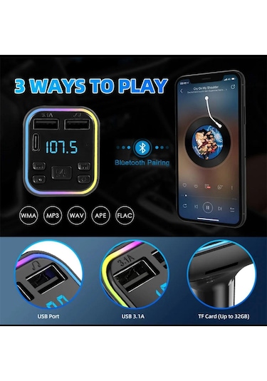 Araç Fm Transmitter Bluetooth Usb Mp3 Sd Kart Çakmaklık Girişli 7 Renk Led Işıklı Araç Kiti