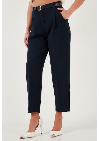 Lela Regular Fit Yüksek Bel Düz Paça Kemerli Bayan Pantolon 68350938 Lacivert