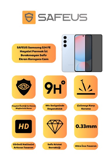 Safeus Tam Kaplayan Hayalet Parmak İzi Bırakmayan Safir Ekran Koruyucu Cam , Samsung S24 Fe İle Uyumlu