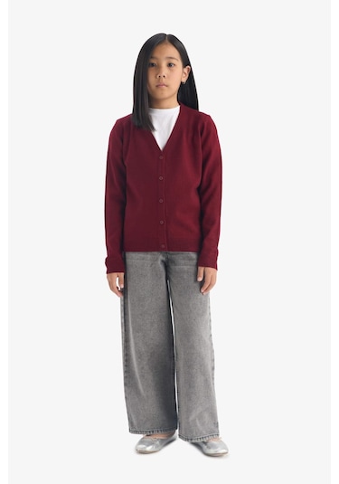 Defacto Kız Çocuk V Yaka Düğmeli Okul Hırkası E7708a825aubr205 Bordo