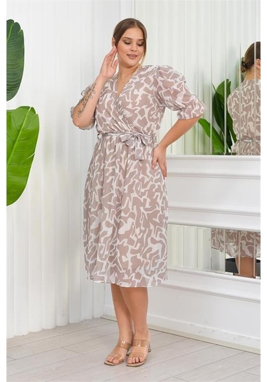 Dip Moda Kadın Büyük Beden Desenli Şifon Elbise Dpnb8063 - Bej Bej