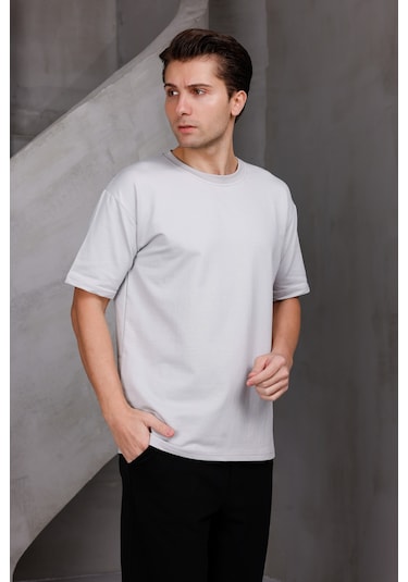 Erkek Basic Oversize Bisiklet Yaka 2 İki İplik Kompakt T-shirt Ekru